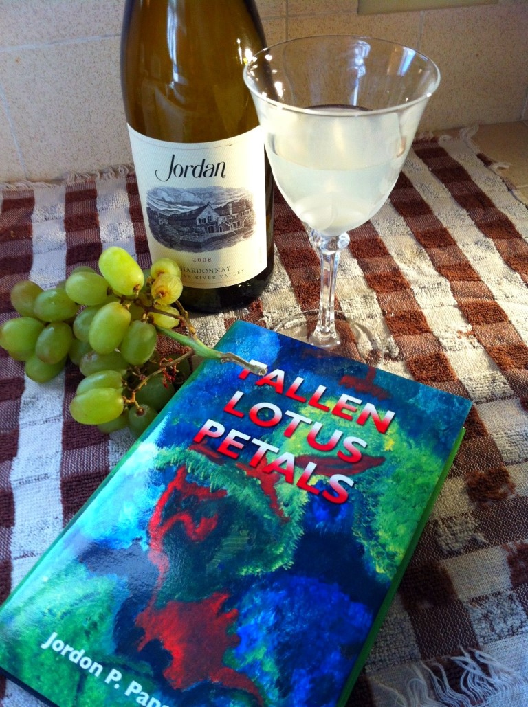 Enjoying a little Jordan wine with a book by Jordon, Fallen Lotus Petals